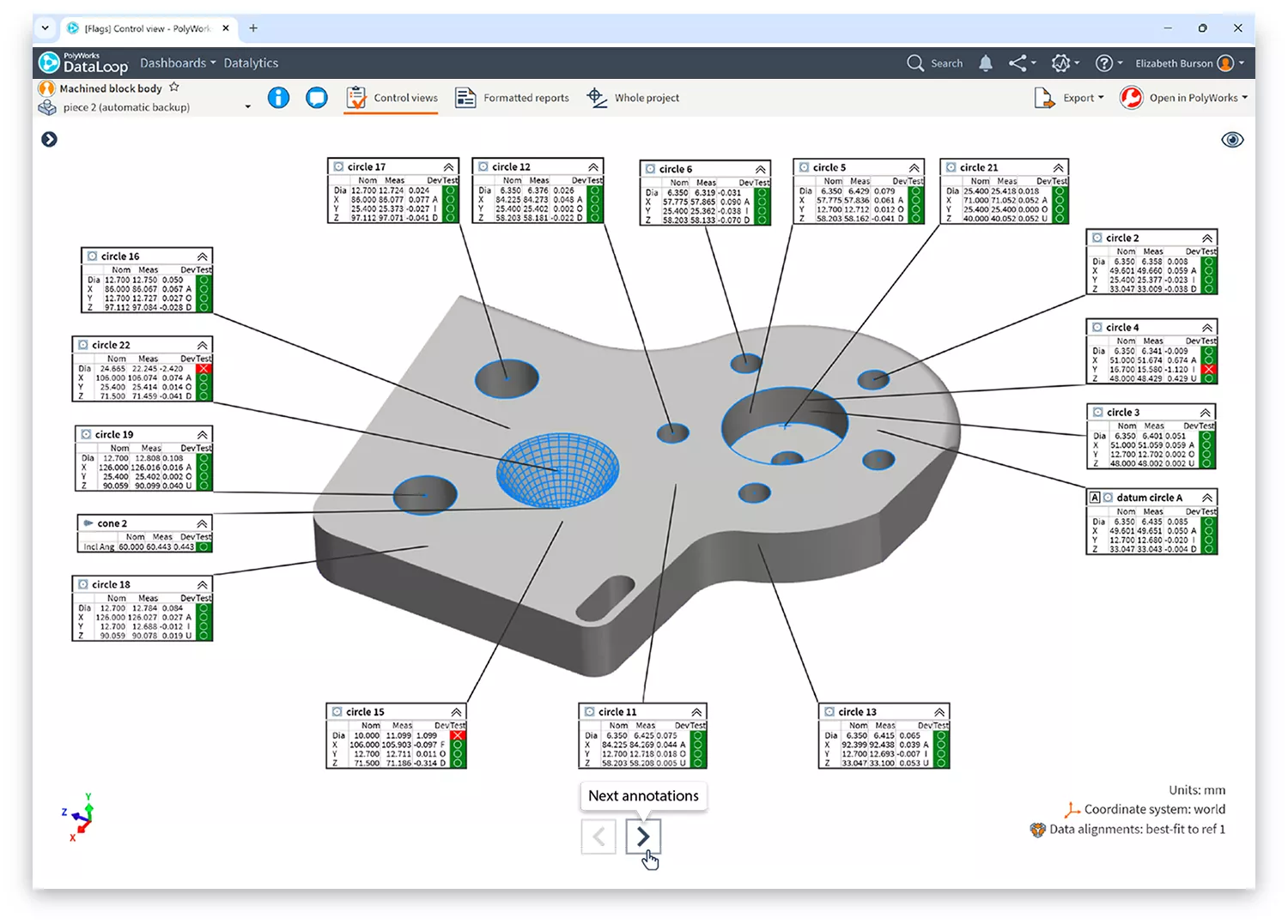 PolyWorks|DataLoop 2025 screen capture showcasing multiple annotations on a 3D measured piece.