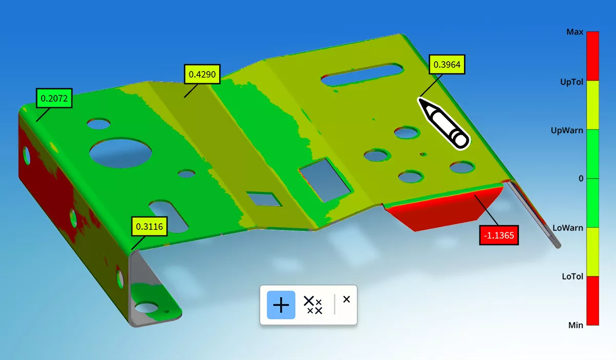PolyWorks|DataLoop 2025 allows users to investigate surface deviations of 3D measured pieces by interacting with color maps.